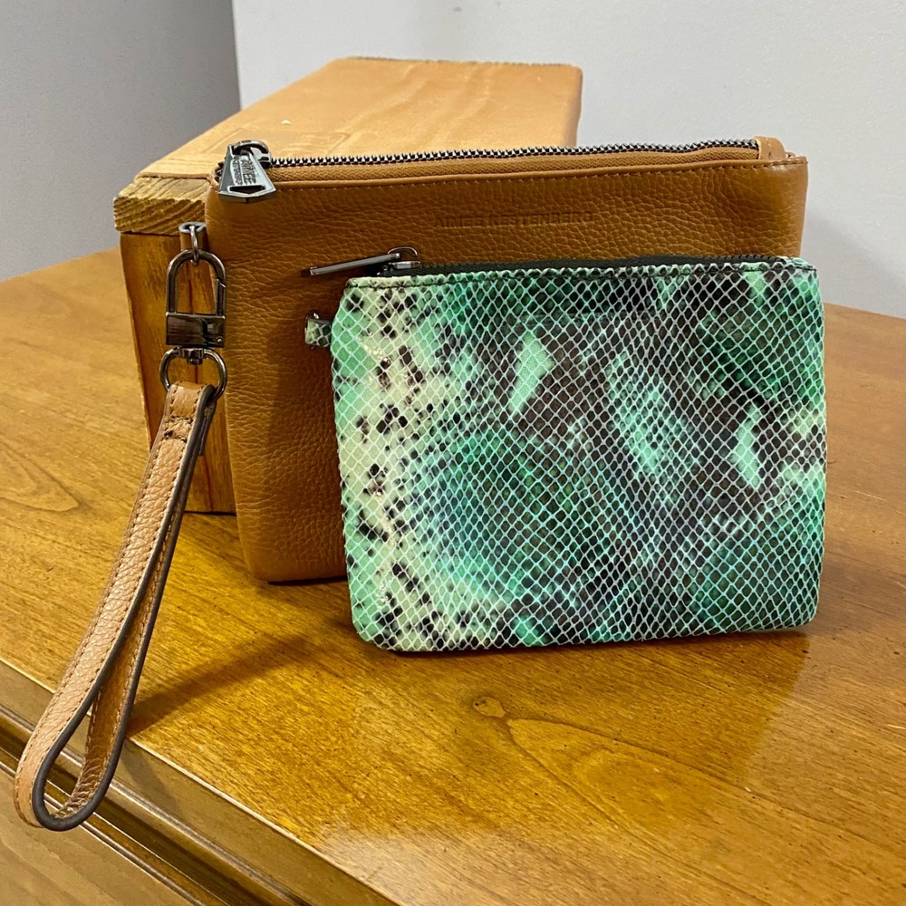 Aimee Kestenberg Havana Leather Clutch Pouch 2pc Set Women OS Tan Emerald Snake